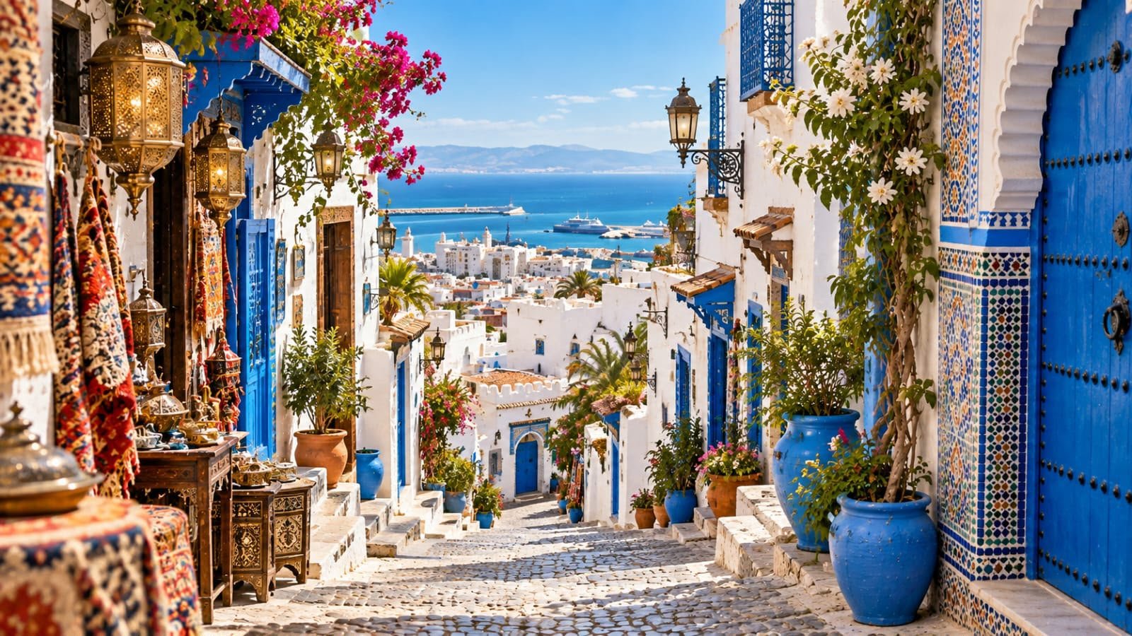 Traditional shops and narrow streets in Tangier's historic Old Medina